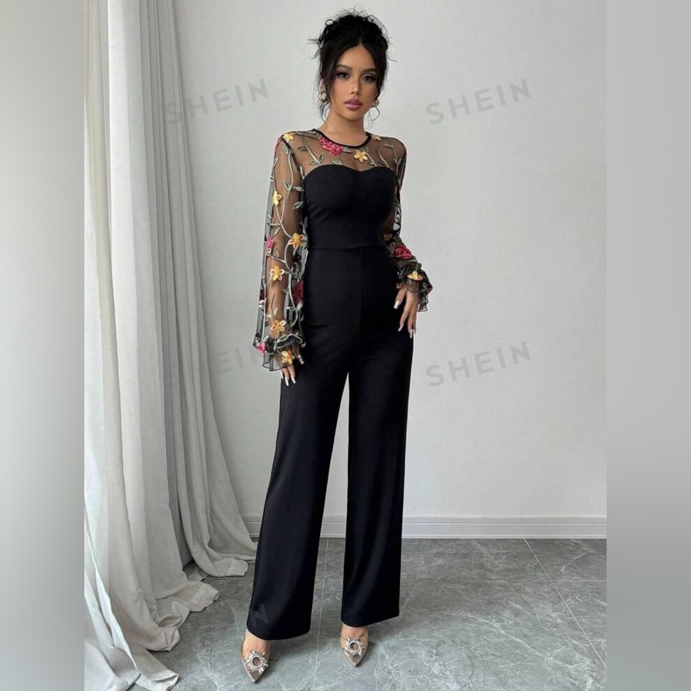 SHEIN Elenzga Women's Floral Embroidery Mesh Lantern Sleeve Elegant Jumpsuit